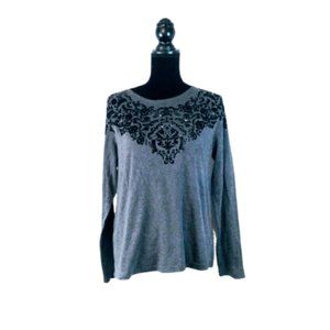 #C56 Tradition Women’s Long Sleeve Grey Top With Black Floral Design